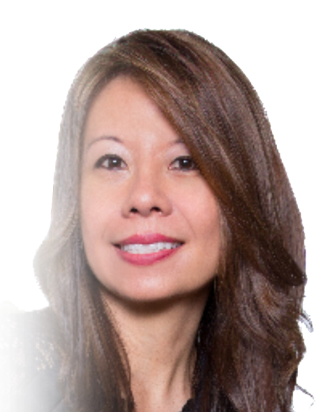 A woman with long hair and white teeth.