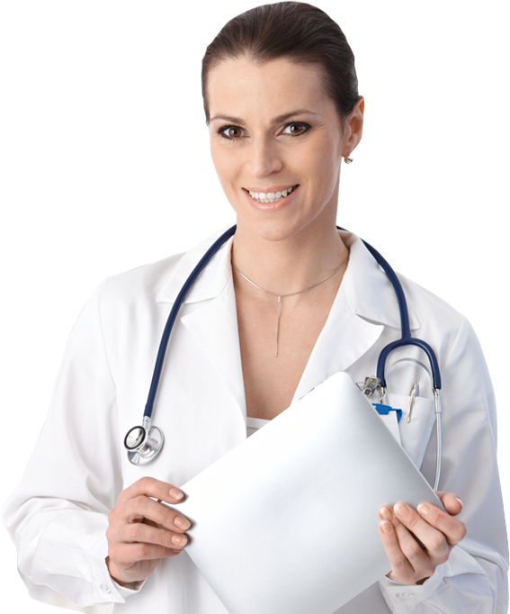 A female doctor holding a paper and smiling.