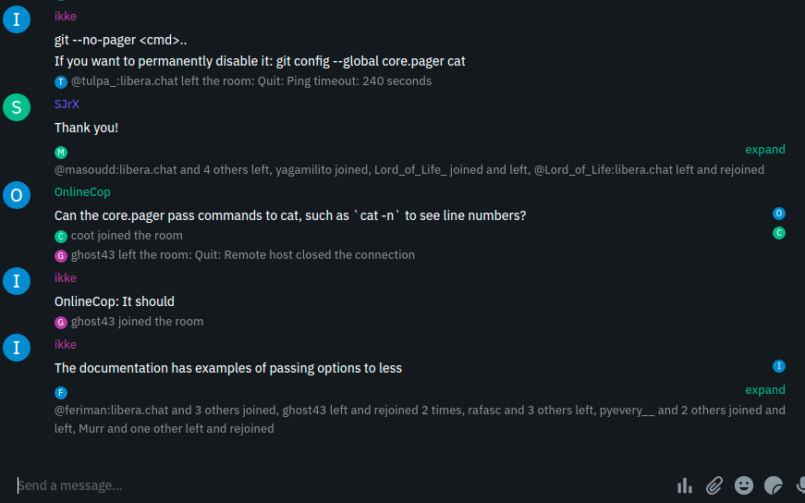 Chat log about Git's core.pager.